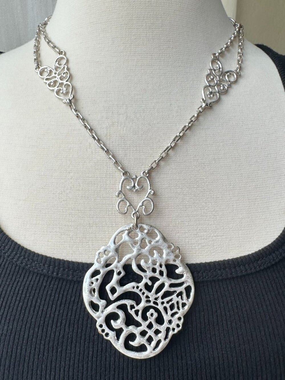 Vintage Silver Tone Long Statement Necklace Large Openwork Pendant 26”